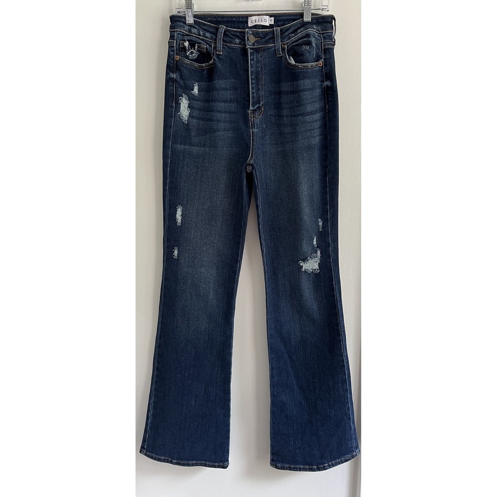 Cello Jeans Distressed Flared Bell Bottom Ripped Jean Y2K 11 Slit Hem Pleated